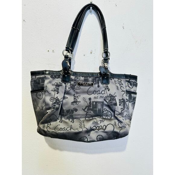 COACH Grey Black Stage Coach Horse Printed Fabric Y2K Leather Tote Handbag - Picture 15 of 15